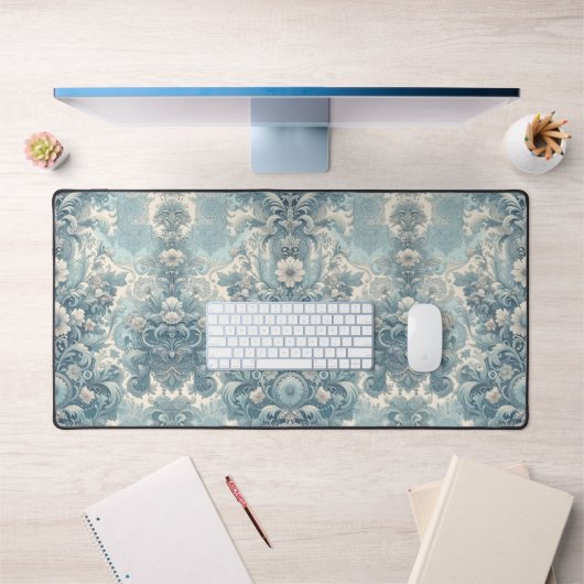 青ビクトリアン色の庭 | ヴィンテージフローラバロック デスクマット (オフィス1)