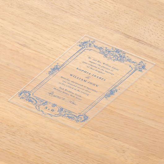 青ビクトリアン華美の猶予フローラ結婚枠 アクリル招待状 (レイダウン)