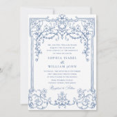 青ビクトリアン華美の猶予フローラ結婚枠 招待状 (正面)