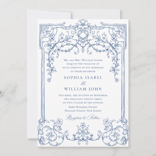 青ビクトリアン華美の猶予フローラ結婚枠 招待状 (正面)