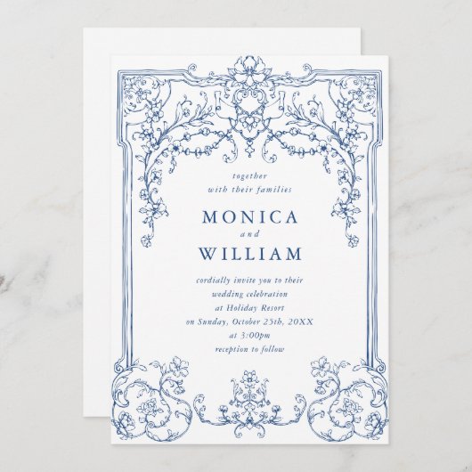 青ビクトリアン華美の猶予フローラ結婚枠 招待状 (正面/裏面)