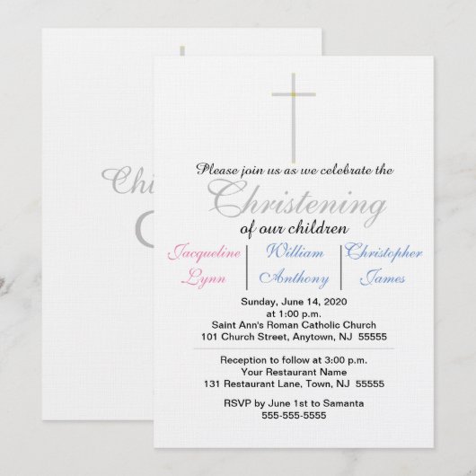 青ピンクの三つ子を洗礼 招待状 (正面/裏面)