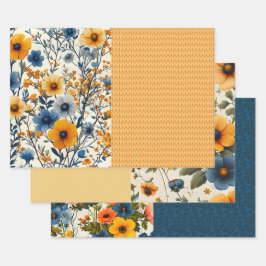 青ファンキーと黄色のヴィンテージフローラのハーフ・ミックス ラッピングペーパーシート