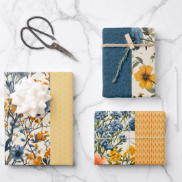 青ファンキーと黄色のヴィンテージフローラのハーフ・ミックス ラッピングペーパーシート