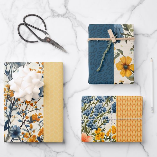 青ファンキーと黄色のヴィンテージフローラのハーフ・ミックス ラッピングペーパーシート (正面)