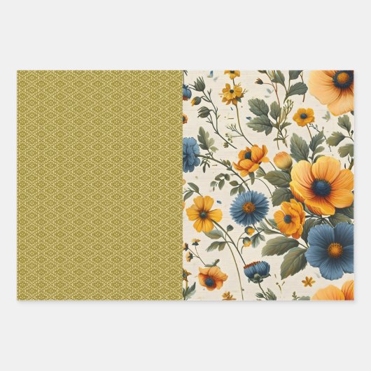青ファンキーと黄色のヴィンテージフローラのハーフ・ミックス ラッピングペーパーシート (正面2)
