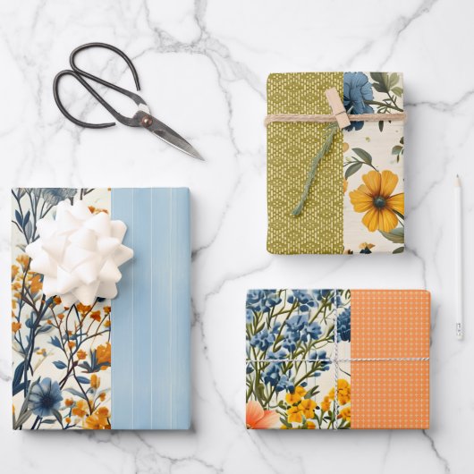 青ファンキーと黄色のヴィンテージフローラのハーフ・ミックス ラッピングペーパーシート (正面)