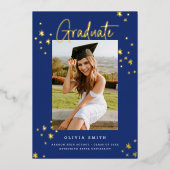 青ファンキーモダン金ゴールド卒業発表 箔招待状 (正面)