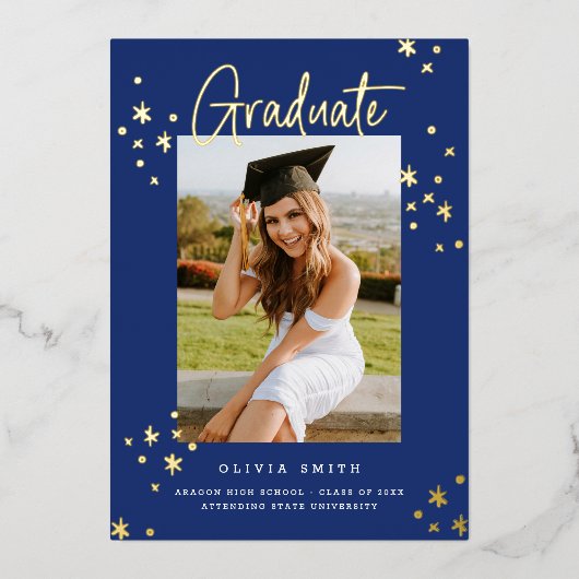 青ファンキーモダン金ゴールド卒業発表 箔招待状 (正面)