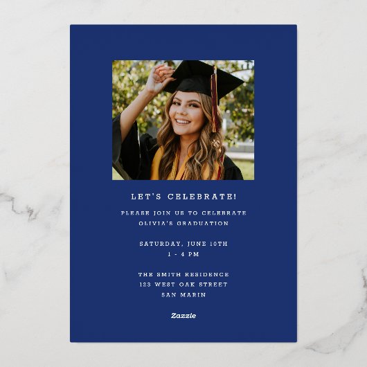 青ファンキーモダン金ゴールド卒業発表 箔招待状 (裏面)