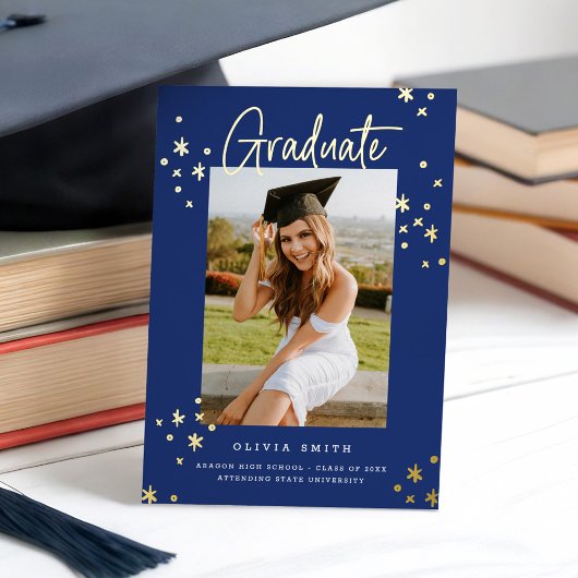 青ファンキーモダン金ゴールド卒業発表 箔招待状