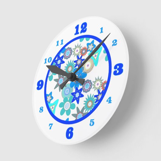 青ファンキー花模様 ラウンド壁時計 (傾斜)