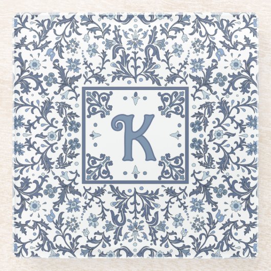 青ファンシーフローラパーソナライズされた ガラスコースター (正面)