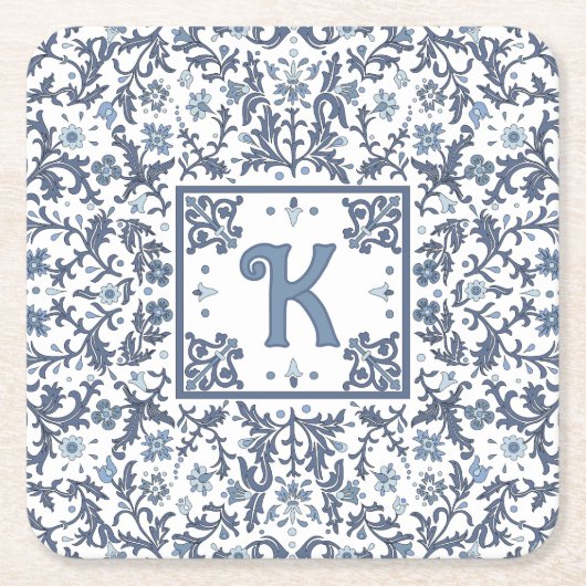 青ファンシーフローラパーソナライズされた スクエアペーパーコースター (正面)