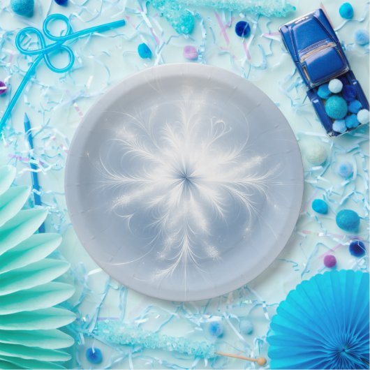 青ファンシー上の白い雪の結晶 ペーパープレート (パーティー)