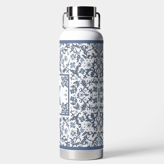 青ファンシー花柄パーソナライズされた ウォーターボトル (背面)