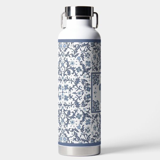 青ファンシー花柄パーソナライズされた ウォーターボトル (正面)