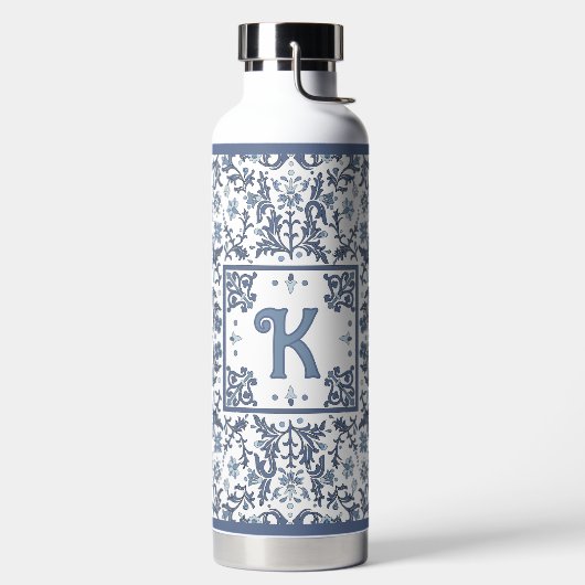 青ファンシー花柄パーソナライズされた ウォーターボトル (左面)