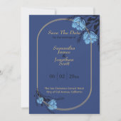 青ファンシー花結婚式の日付を保存 招待状 (正面)
