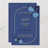 青ファンシー花結婚式の日付を保存 招待状 (正面/裏面)