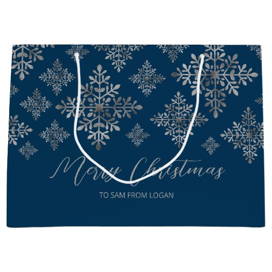 青フェイクいグレーのホイルの雪の結晶(ホイル実在ではない) ラージペーパーバッグ (正面)