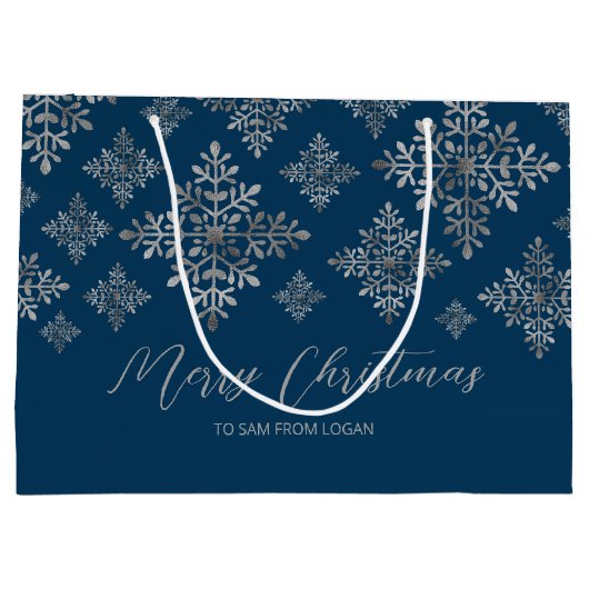 青フェイクいグレーのホイルの雪の結晶(ホイル実在ではない) ラージペーパーバッグ (裏面)