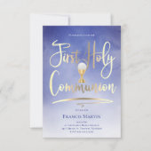 青フェイクの金ゴールドフォイル文字 |第一聖餐式 招待状 (正面)