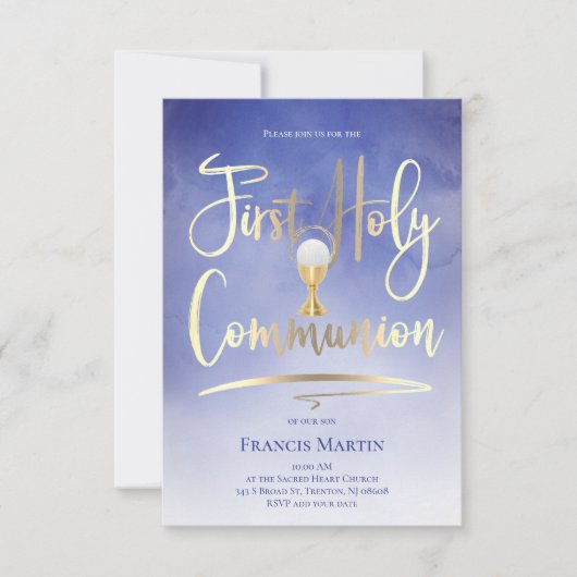 青フェイクの金ゴールドフォイル文字 |第一聖餐式 招待状 (正面)