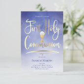 青フェイクの金ゴールドフォイル文字 |第一聖餐式 招待状 (スタンド正面)