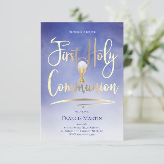 青フェイクの金ゴールドフォイル文字 |第一聖餐式 招待状 (スタンド正面)