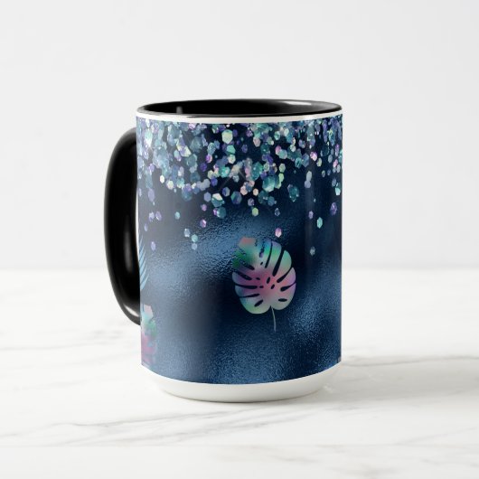青フェイクグリッターとマッチン葉グ マグカップ (正面左)