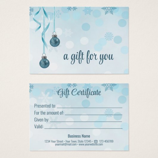 青フェイクグリッタークリスマスオーナメントギフトカード (正面&裏面)