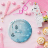 青フェイクグリッタークリスマスオーナメント ペーパープレート (パーティー)