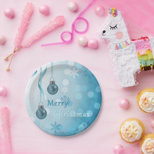 青フェイクグリッタークリスマスオーナメント ペーパープレート (パーティー)