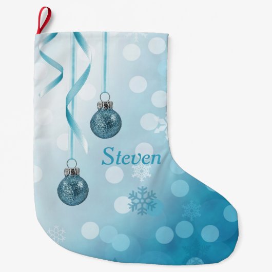 青フェイクグリッタークリスマスオーナメント ラージクリスマスストッキング (正面)