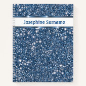 青フェイクグリッターテクスチャの外観とカスタム文字 ノートブック (正面)