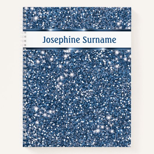青フェイクグリッターテクスチャの外観とカスタム文字 ノートブック (正面)