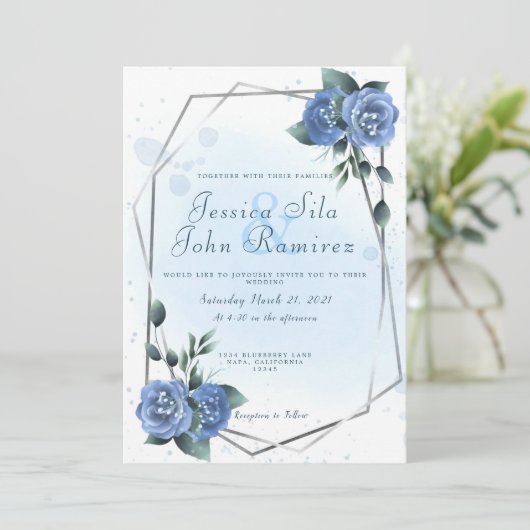 青フェイクフローラ銀箔の水色 招待状 (スタンド正面)