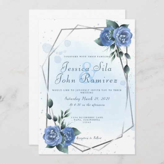 青フェイクフローラ銀箔の水色 招待状 (正面/裏面)