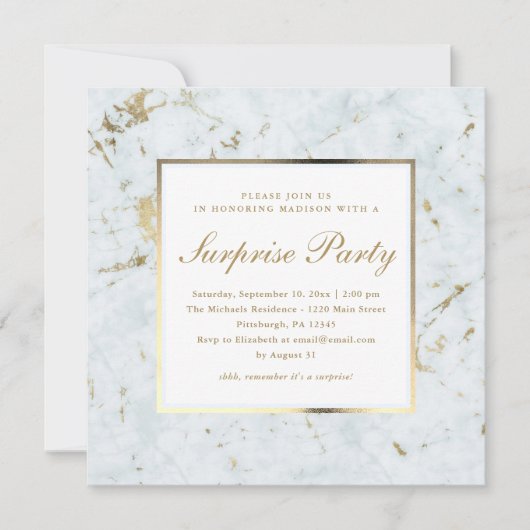 青フェイク大理石とフォトサプライズパーティー 招待状 (正面)