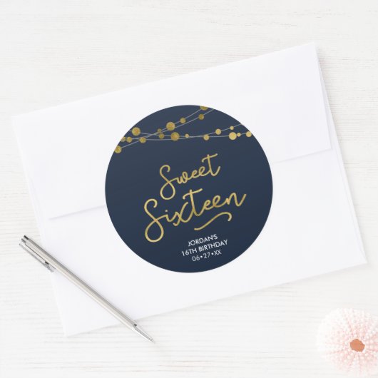 青フェイク金ゴールドストリングオブライツスウィート16誕生日 ラウンドシール (封筒)