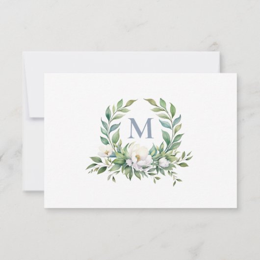 青フォーマルエレガントフローラクレストモノグラム結婚ズ 出欠カード (裏面)