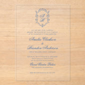 青フォーマルフローラモノグラムクレスト&スクリプ結婚ス アクリル招待状 (正面)