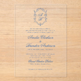 青フォーマルフローラモノグラムクレスト&スクリプ結婚ス アクリル招待状