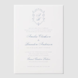 青フォーマルフローラモノグラムクレスト&スクリプ結婚ス ベラム紙招待状