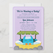 青フクロウスパパープルグリッター水玉模様ベビーシャワー 招待状 (正面)