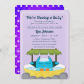 青フクロウスパパープルグリッター水玉模様ベビーシャワー 招待状 (正面/裏面)