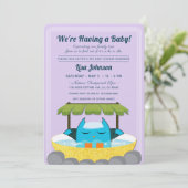 青フクロウスパパープルグリッター水玉模様ベビーシャワー 招待状 (スタンド正面)