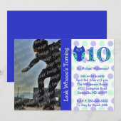 青フクロウ10歳の誕生日パーティーの写真招待状 招待状 (正面/裏面)