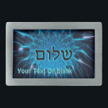 青フラクタルを描いたシャローム 長方形ベルトバックル<br><div class="desc">暗い文字読の「シャロム」(ヘブライ語:平和)が明るい青いフラクタル画像に重ね合わせられる。独自の追加文字の追加</div>